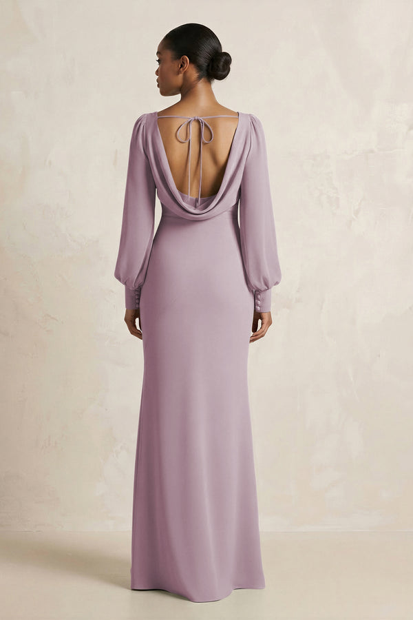 Long Sleeve V - Neck Sheath Chiffon Bridesmaid Dress in Dusk - KissProm Bridesmaid Dresses