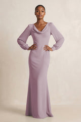 Long Sleeve V - Neck Sheath Chiffon Bridesmaid Dress in Dusk - KissProm Bridesmaid Dresses