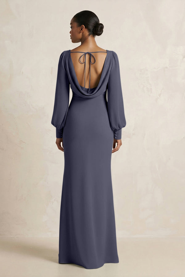 Long Sleeve V - Neck Sheath Chiffon Bridesmaid Dress in Dusk Blue - KissProm Bridesmaid Dresses