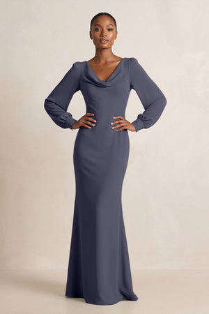 Long Sleeve V - Neck Sheath Chiffon Bridesmaid Dress in Dusk Blue - KissProm Bridesmaid Dresses