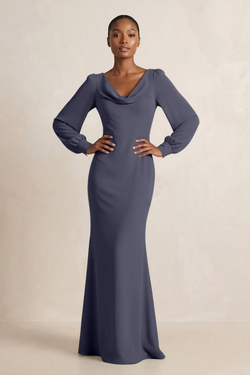 Long Sleeve V - Neck Sheath Chiffon Bridesmaid Dress in Dusk Blue - KissProm Bridesmaid Dresses