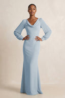 Long Sleeve V - Neck Sheath Chiffon Bridesmaid Dress in Dusty Blue - KissProm Bridesmaid Dresses