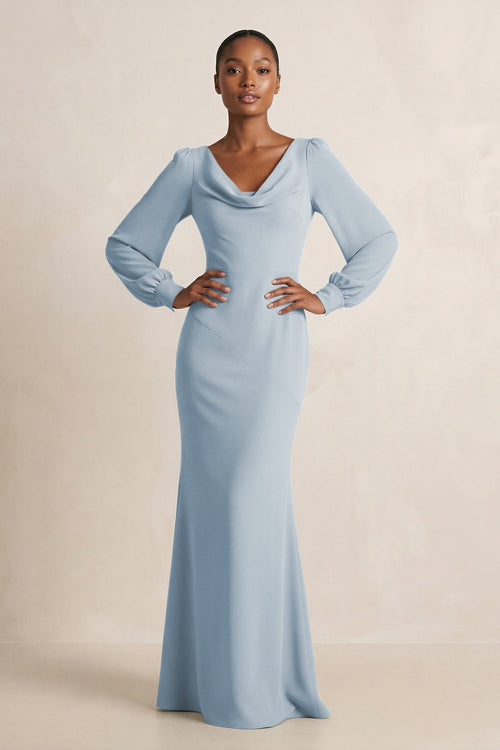 Long Sleeve V - Neck Sheath Chiffon Bridesmaid Dress in Dusty Blue - KissProm Bridesmaid Dresses