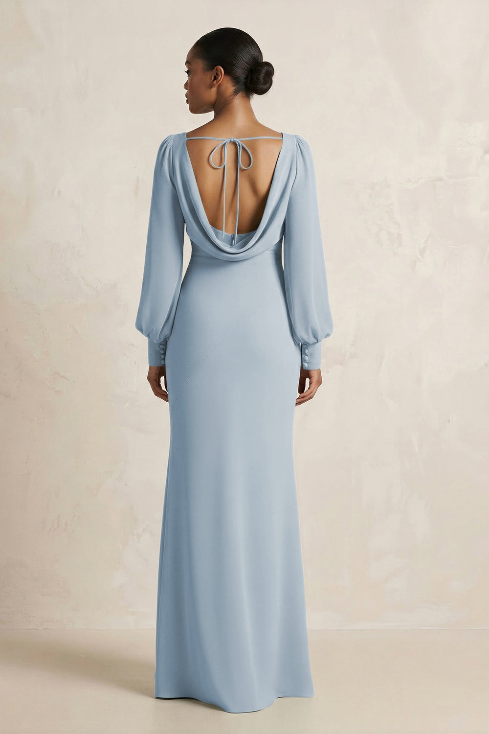 Long Sleeve V - Neck Sheath Chiffon Bridesmaid Dress in Dusty Blue - KissProm Bridesmaid Dresses