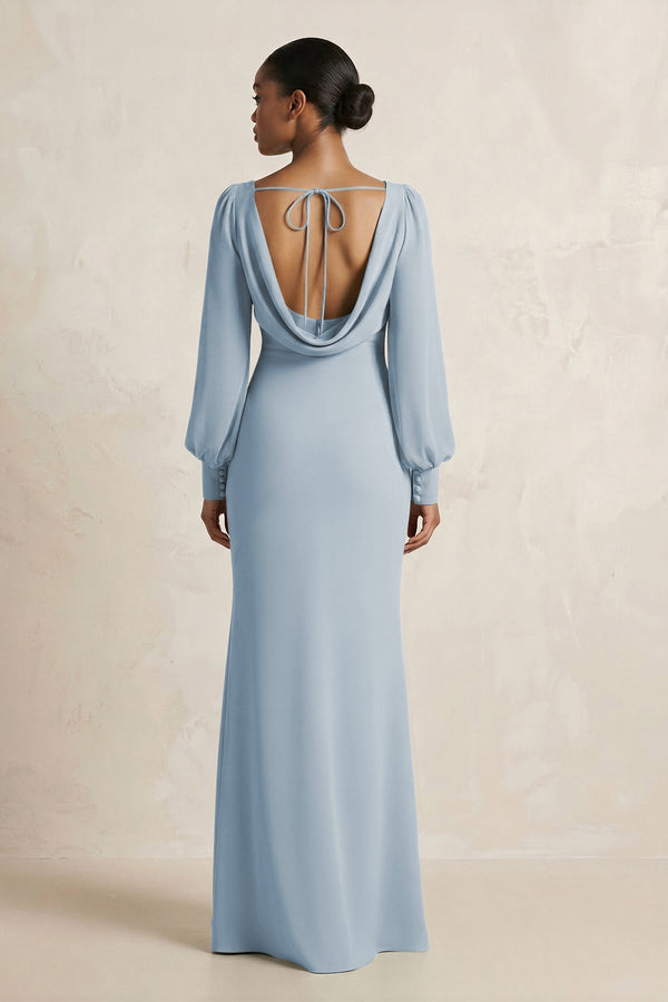 Long Sleeve V - Neck Sheath Chiffon Bridesmaid Dress in Dusty Blue - KissProm Bridesmaid Dresses