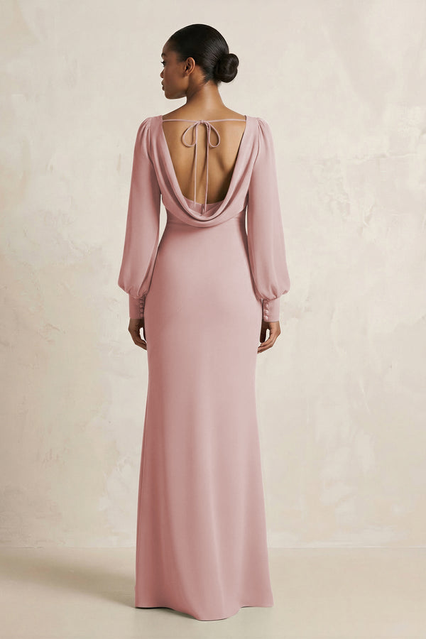 Long Sleeve V - Neck Sheath Chiffon Bridesmaid Dress in Dusty Rose - KissProm Bridesmaid Dresses
