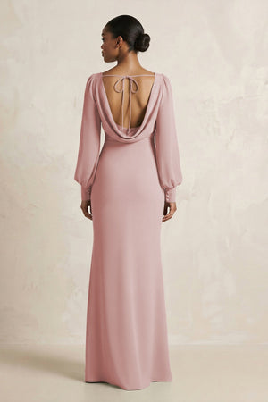 Long Sleeve V - Neck Sheath Chiffon Bridesmaid Dress in Dusty Rose - KissProm Bridesmaid Dresses
