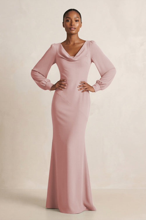 Long Sleeve V - Neck Sheath Chiffon Bridesmaid Dress in Dusty Rose - KissProm Bridesmaid Dresses