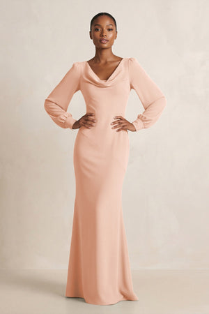 Long Sleeve V - Neck Sheath Chiffon Bridesmaid Dress in English Rose - KissProm Bridesmaid Dresses