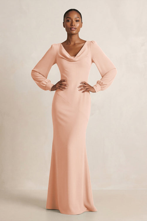 Long Sleeve V - Neck Sheath Chiffon Bridesmaid Dress in English Rose - KissProm Bridesmaid Dresses