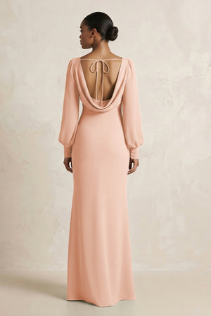 Long Sleeve V - Neck Sheath Chiffon Bridesmaid Dress in English Rose - KissProm Bridesmaid Dresses