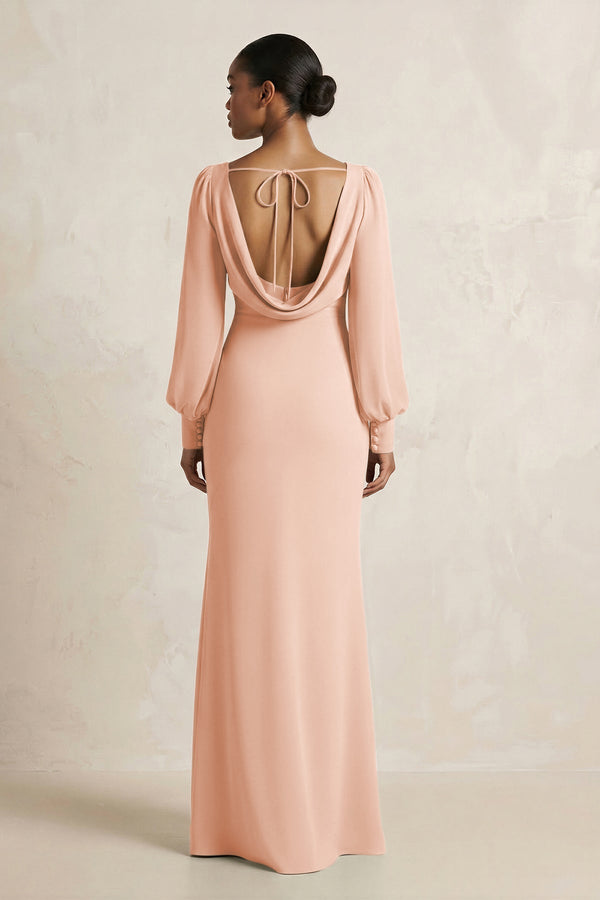 Long Sleeve V - Neck Sheath Chiffon Bridesmaid Dress in English Rose - KissProm Bridesmaid Dresses