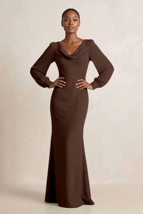 Long Sleeve V - Neck Sheath Chiffon Bridesmaid Dress in Espresso - KissProm Bridesmaid Dresses