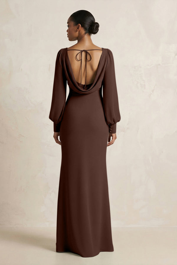 Long Sleeve V - Neck Sheath Chiffon Bridesmaid Dress in Espresso - KissProm Bridesmaid Dresses