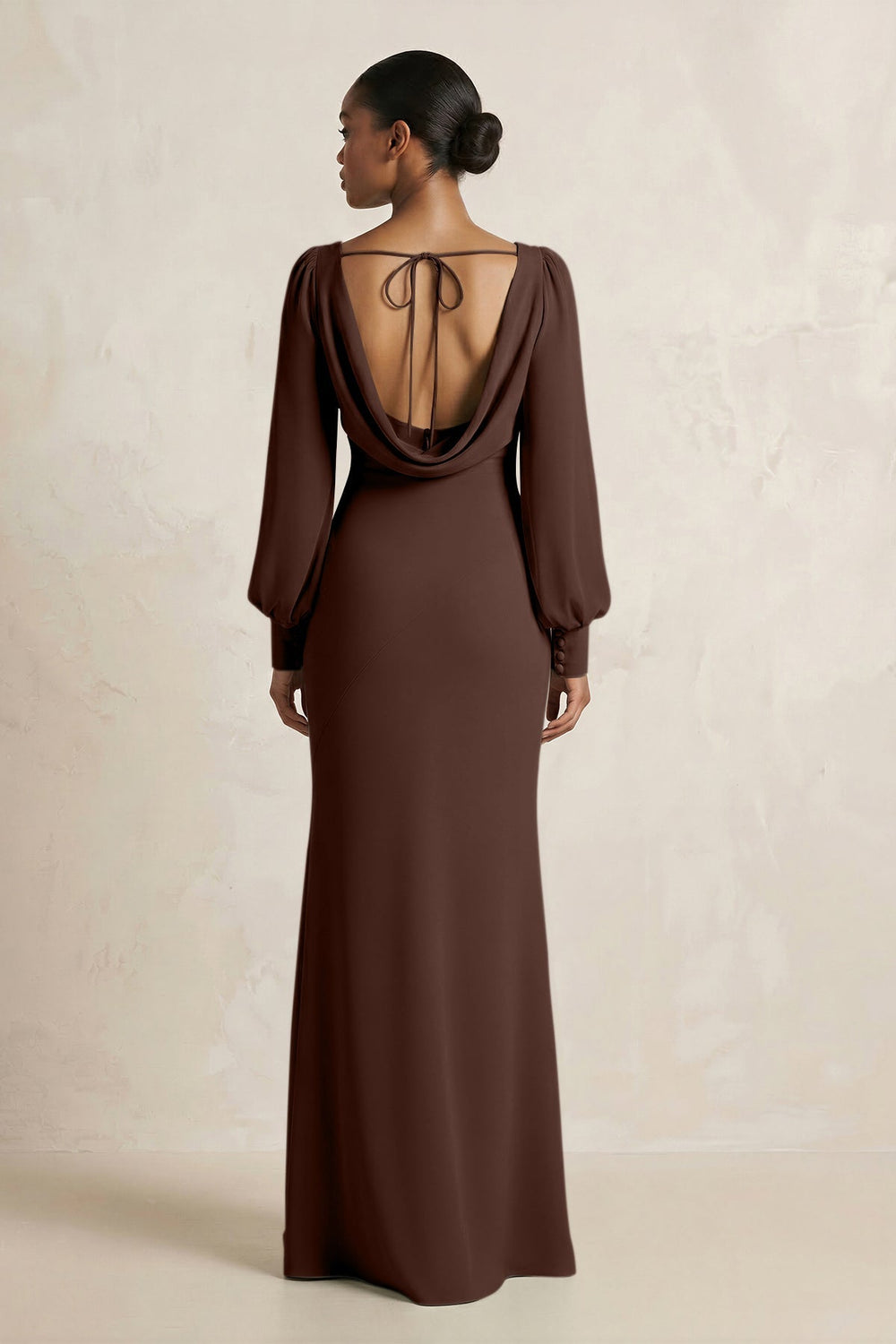 Long Sleeve V - Neck Sheath Chiffon Bridesmaid Dress in Espresso - KissProm Bridesmaid Dresses