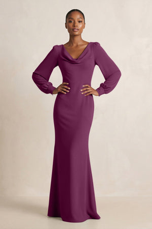Long Sleeve V - Neck Sheath Chiffon Bridesmaid Dress in Fig - KissProm Bridesmaid Dresses