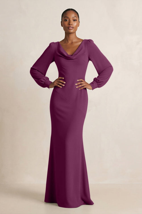 Long Sleeve V - Neck Sheath Chiffon Bridesmaid Dress in Fig - KissProm Bridesmaid Dresses