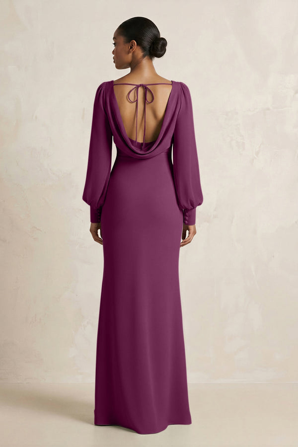 Long Sleeve V - Neck Sheath Chiffon Bridesmaid Dress in Fig - KissProm Bridesmaid Dresses