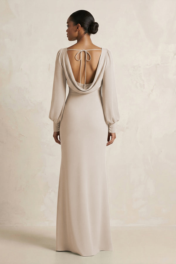 Long Sleeve V - Neck Sheath Chiffon Bridesmaid Dress in Frost - KissProm Bridesmaid Dresses
