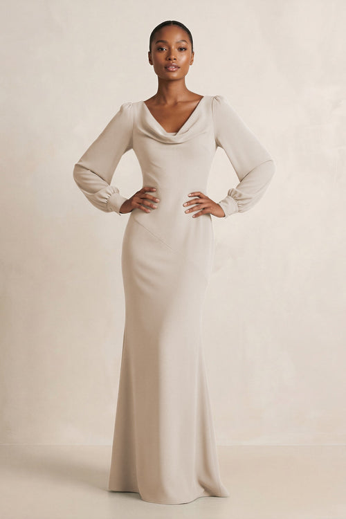 Long Sleeve V - Neck Sheath Chiffon Bridesmaid Dress in Frost - KissProm Bridesmaid Dresses