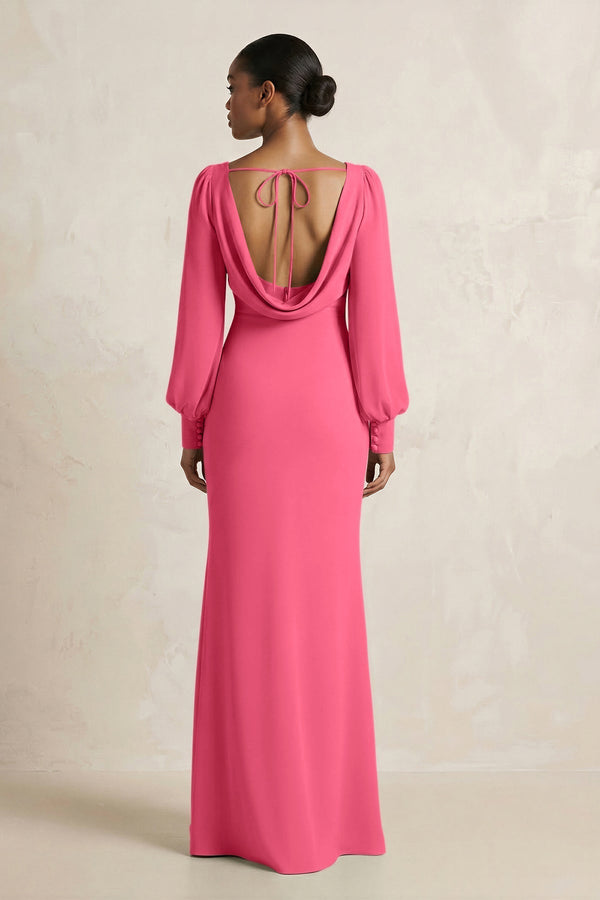 Long Sleeve V - Neck Sheath Chiffon Bridesmaid Dress in Fuchsia - KissProm Bridesmaid Dresses