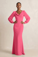 Long Sleeve V - Neck Sheath Chiffon Bridesmaid Dress in Fuchsia - KissProm Bridesmaid Dresses