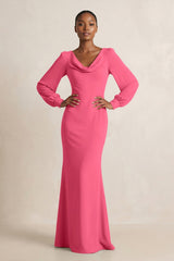 Long Sleeve V - Neck Sheath Chiffon Bridesmaid Dress in Fuchsia - KissProm Bridesmaid Dresses