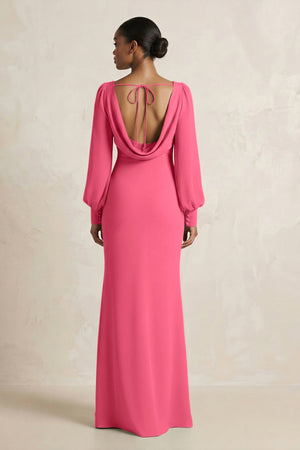 Long Sleeve V - Neck Sheath Chiffon Bridesmaid Dress in Fuchsia - KissProm Bridesmaid Dresses