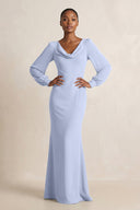 Long Sleeve V - Neck Sheath Chiffon Bridesmaid Dress in Ice - KissProm Bridesmaid Dresses