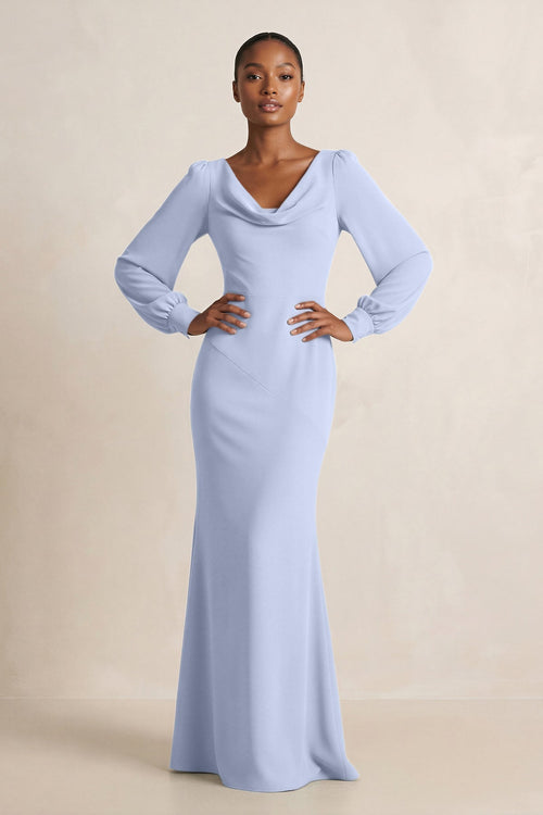 Long Sleeve V - Neck Sheath Chiffon Bridesmaid Dress in Ice - KissProm Bridesmaid Dresses
