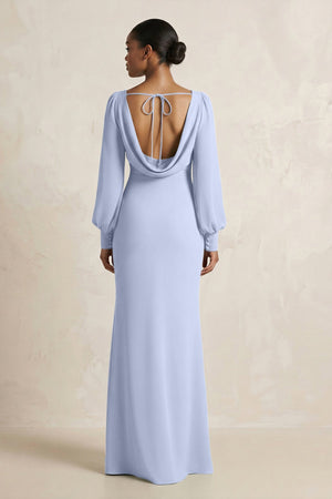 Long Sleeve V - Neck Sheath Chiffon Bridesmaid Dress in Ice - KissProm Bridesmaid Dresses