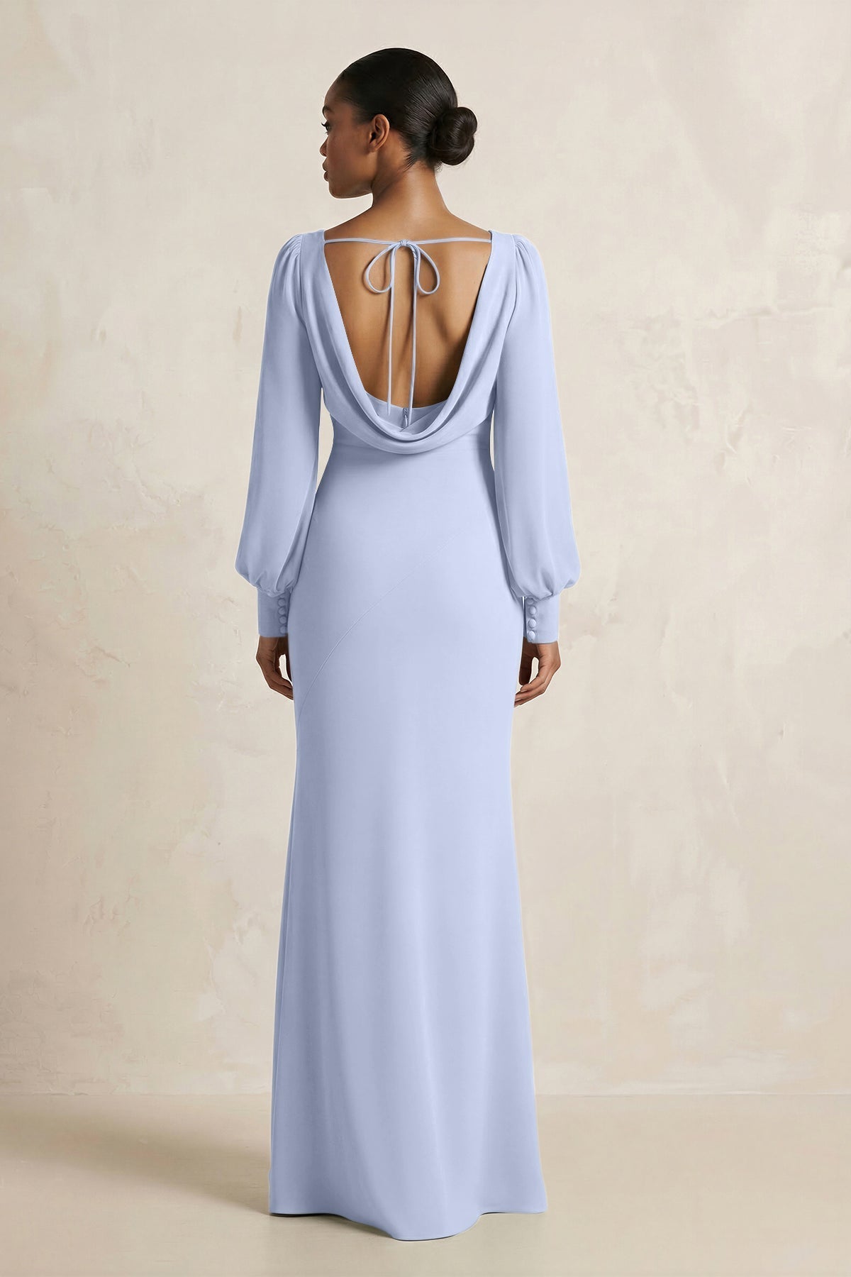 KissProm Long Sleeve V-Neck Sheath Chiffon Bridesmaid Dress in Ice, Ice / 16