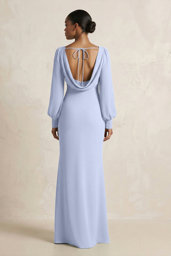 Long Sleeve V - Neck Sheath Chiffon Bridesmaid Dress in Ice - KissProm Bridesmaid Dresses