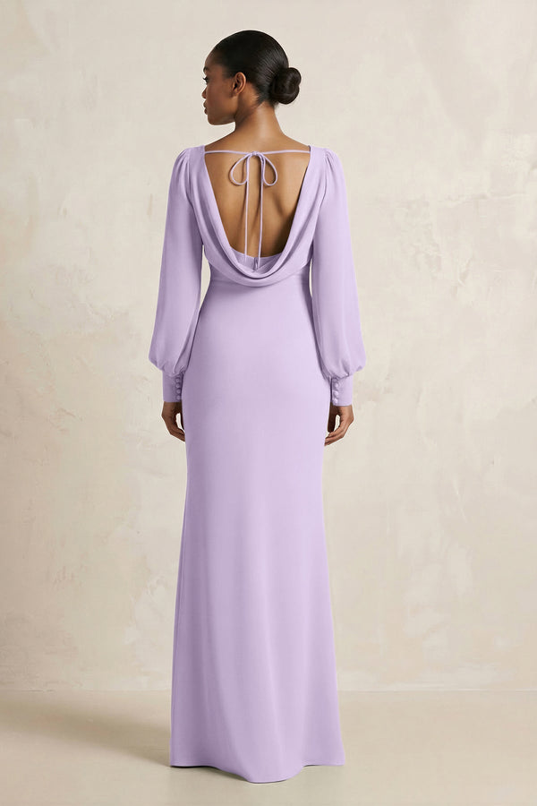 Long Sleeve V - Neck Sheath Chiffon Bridesmaid Dress in Lavender - KissProm Bridesmaid Dresses