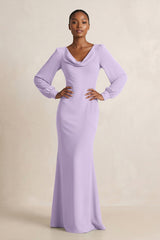 Long Sleeve V - Neck Sheath Chiffon Bridesmaid Dress in Lavender - KissProm Bridesmaid Dresses