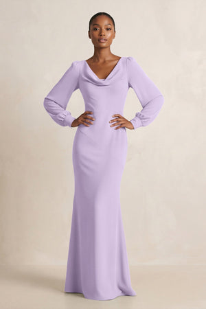 Long Sleeve V - Neck Sheath Chiffon Bridesmaid Dress in Lavender - KissProm Bridesmaid Dresses