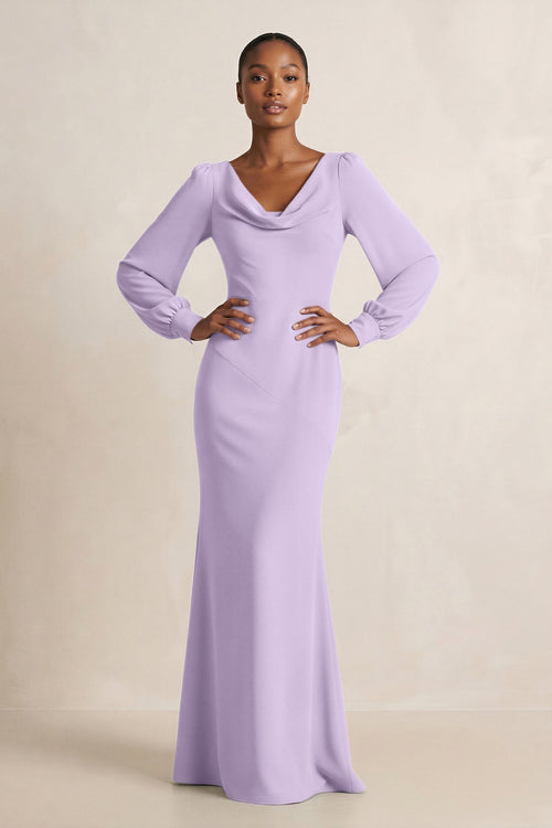 Long Sleeve V - Neck Sheath Chiffon Bridesmaid Dress in Lavender - KissProm Bridesmaid Dresses
