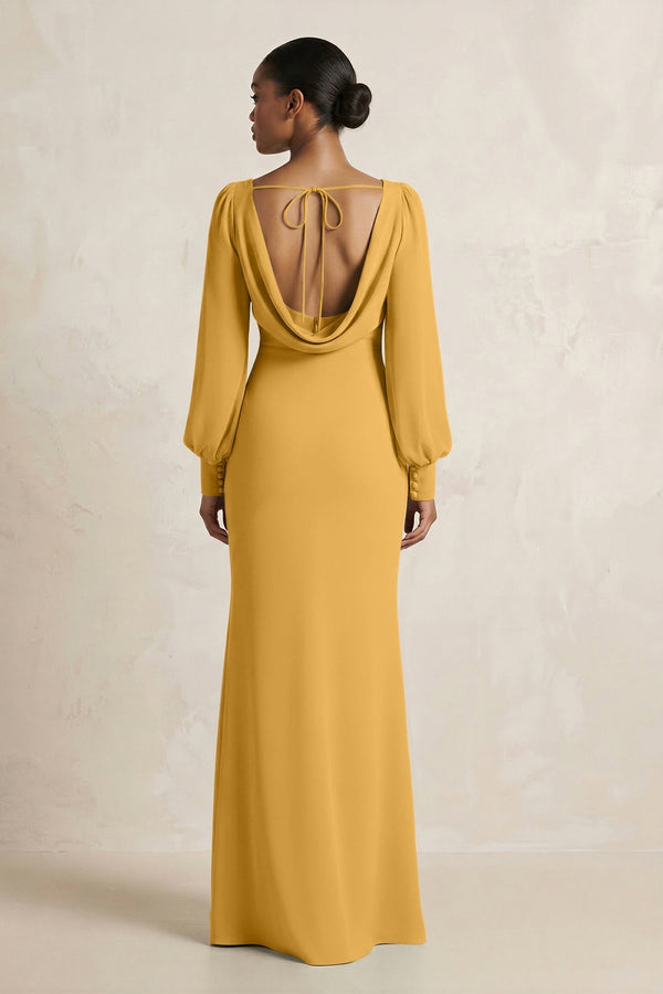 Long Sleeve V - Neck Sheath Chiffon Bridesmaid Dress in Marigold - KissProm Bridesmaid Dresses