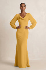 Long Sleeve V - Neck Sheath Chiffon Bridesmaid Dress in Marigold - KissProm Bridesmaid Dresses