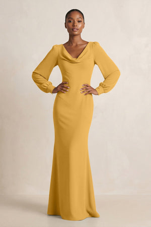 Long Sleeve V - Neck Sheath Chiffon Bridesmaid Dress in Marigold - KissProm Bridesmaid Dresses