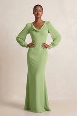 Long Sleeve V - Neck Sheath Chiffon Bridesmaid Dress in Matcha - KissProm Bridesmaid Dresses