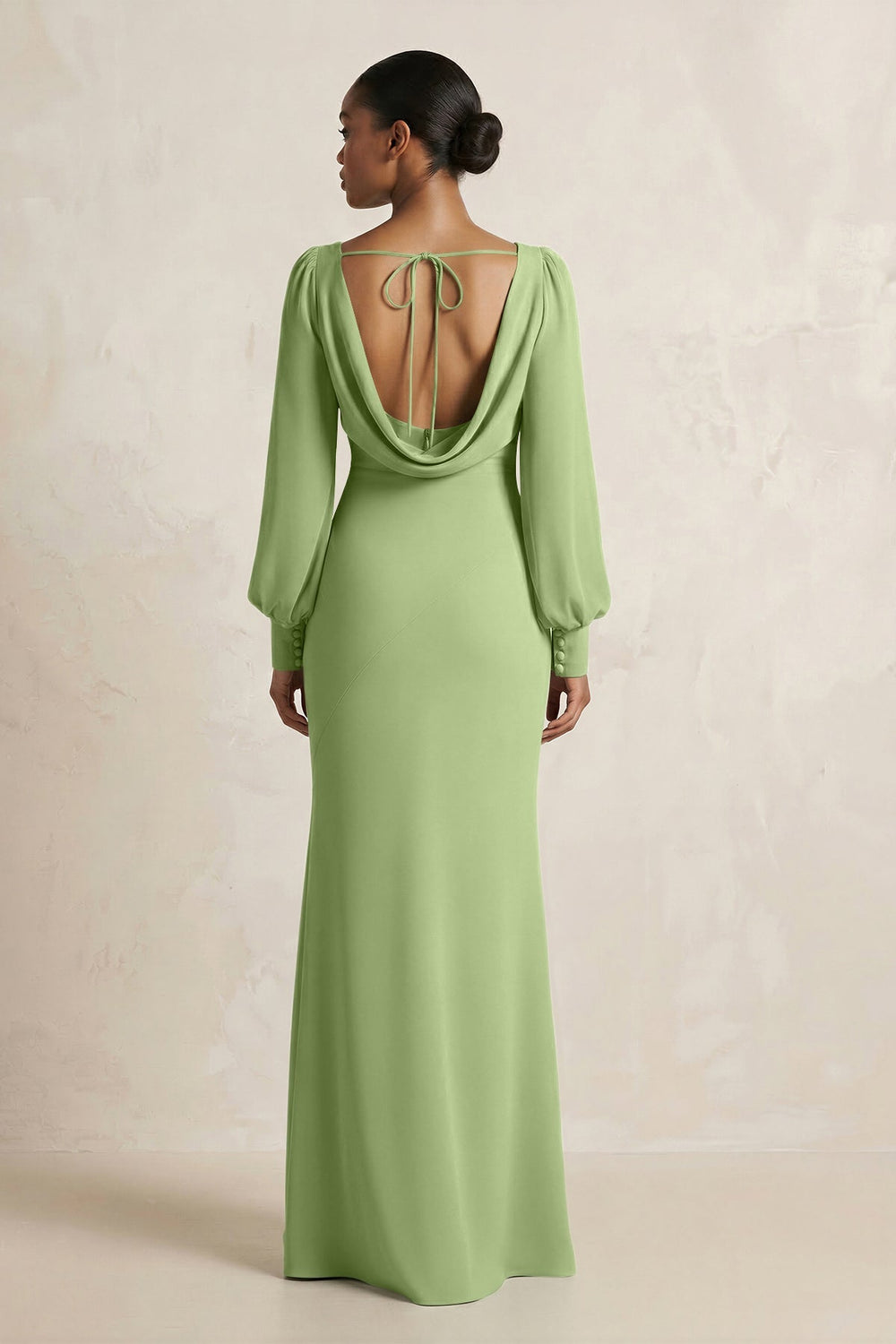 Long Sleeve V - Neck Sheath Chiffon Bridesmaid Dress in Matcha - KissProm Bridesmaid Dresses