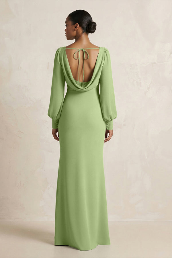 Long Sleeve V - Neck Sheath Chiffon Bridesmaid Dress in Matcha - KissProm Bridesmaid Dresses