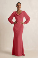 Long Sleeve V - Neck Sheath Chiffon Bridesmaid Dress in Merlot - KissProm Bridesmaid Dresses