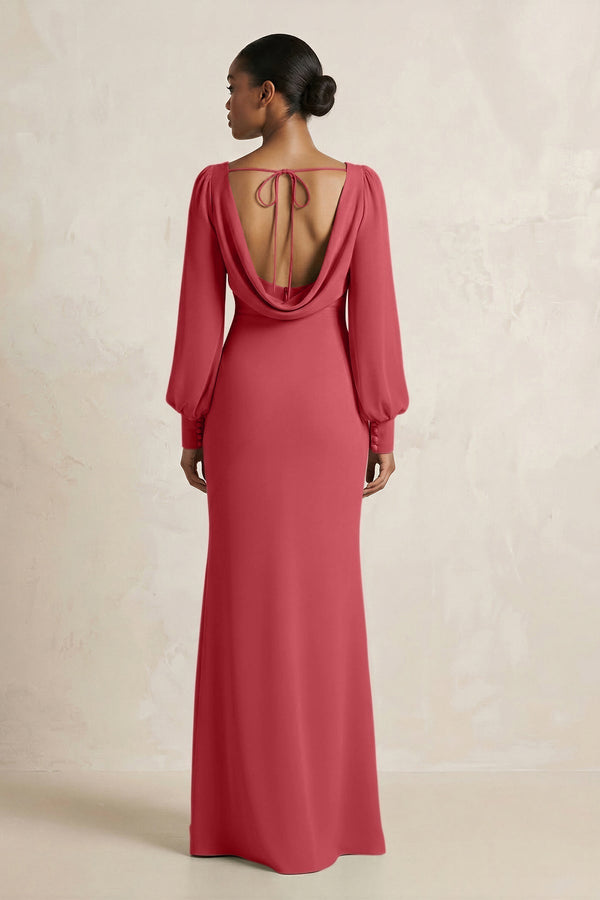 Long Sleeve V - Neck Sheath Chiffon Bridesmaid Dress in Merlot - KissProm Bridesmaid Dresses