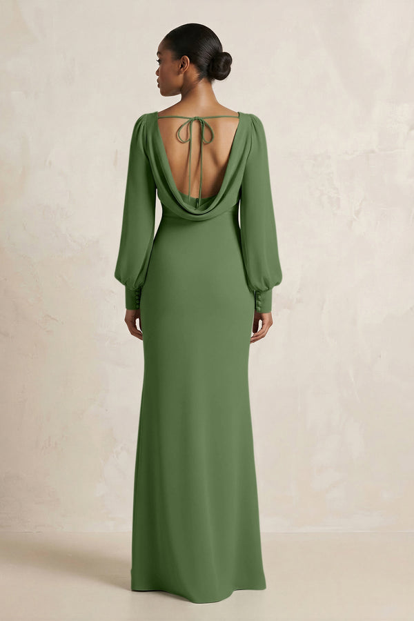 Long Sleeve V - Neck Sheath Chiffon Bridesmaid Dress in Moss - KissProm Bridesmaid Dresses