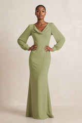 Long Sleeve V - Neck Sheath Chiffon Bridesmaid Dress in Moss Green - KissProm Bridesmaid Dresses