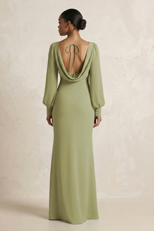 Long Sleeve V - Neck Sheath Chiffon Bridesmaid Dress in Moss Green - KissProm Bridesmaid Dresses