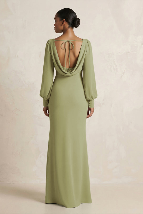 Long Sleeve V - Neck Sheath Chiffon Bridesmaid Dress in Moss Green - KissProm Bridesmaid Dresses