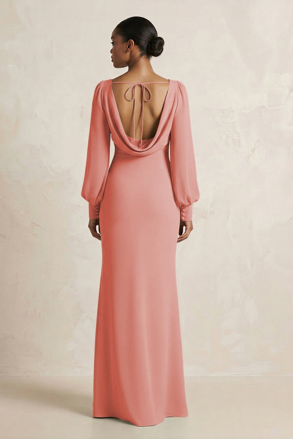 Long Sleeve V - Neck Sheath Chiffon Bridesmaid Dress in Mulberry - KissProm Bridesmaid Dresses